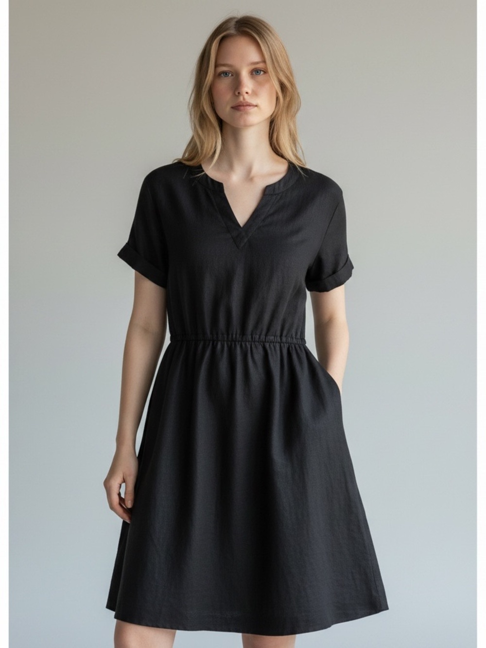 Vera Wang Black Short-Sleeve V-Neck Midi Dress Size L